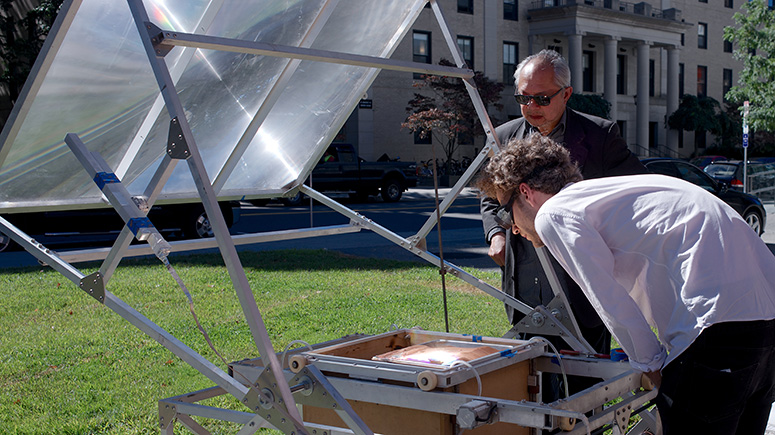Mel Chin with Markus Kayser on-site at MIT testing the Sinter Minter.